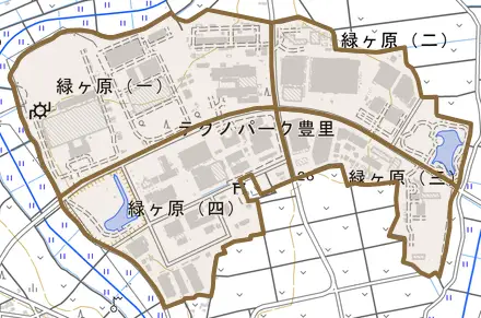 緑ケ原とその周辺の地図。町の範囲を重ねている