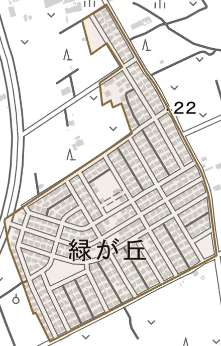 緑が丘とその周辺の地図。町の範囲を重ねている