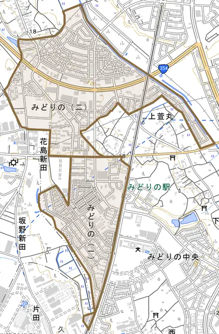 みどりのとその周辺の地図。町の範囲を重ねている