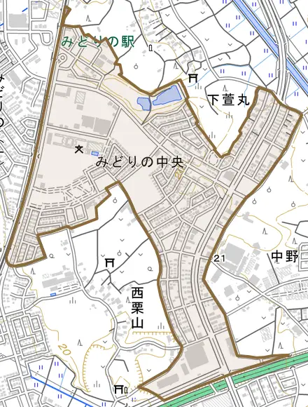 みどりの中央とその周辺の地図。町の範囲を重ねている