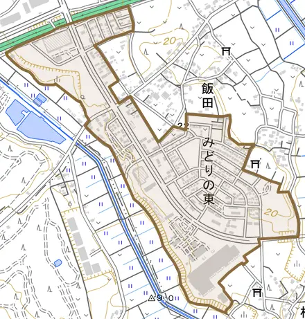 みどりの東とその周辺の地図。町の範囲を重ねている