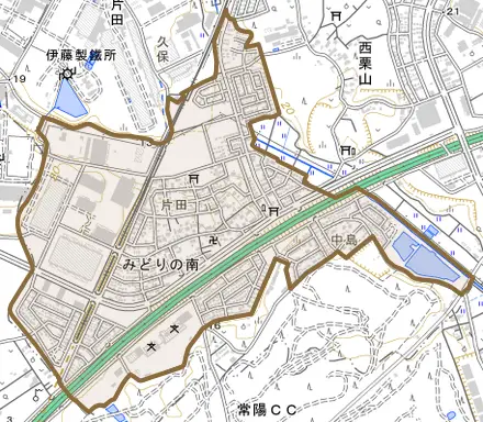 みどりの南とその周辺の地図。町の範囲を重ねている