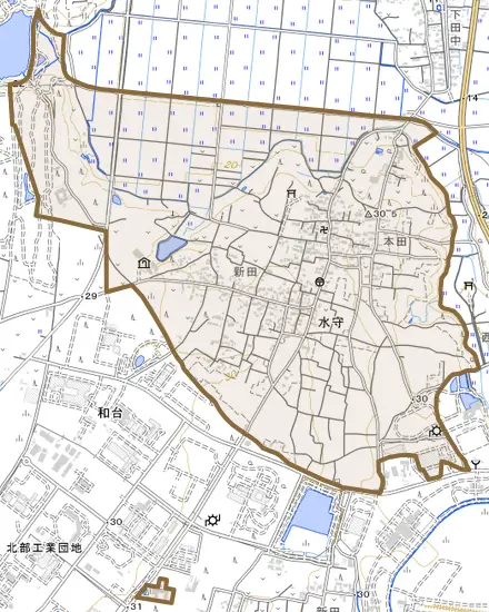 水守とその周辺の地図。町の範囲を重ねている