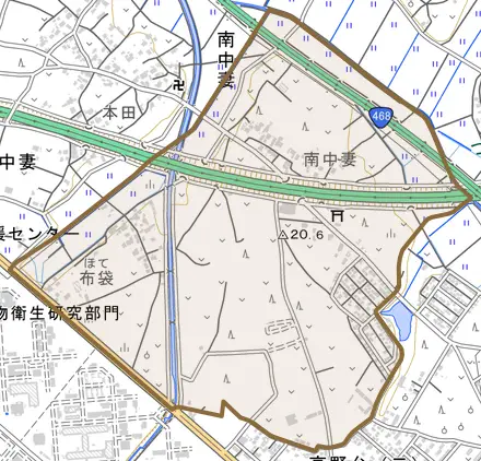 南中妻とその周辺の地図。町の範囲を重ねている