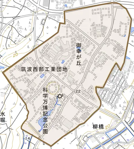 御幸が丘とその周辺の地図。町の範囲を重ねている