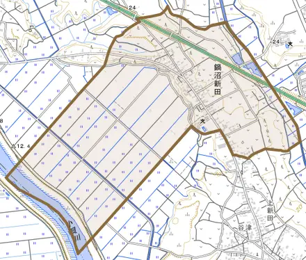 鍋沼新田とその周辺の地図。町の範囲を重ねている