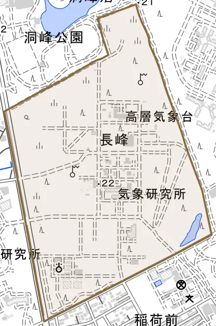 長峰とその周辺の地図。町の範囲を重ねている