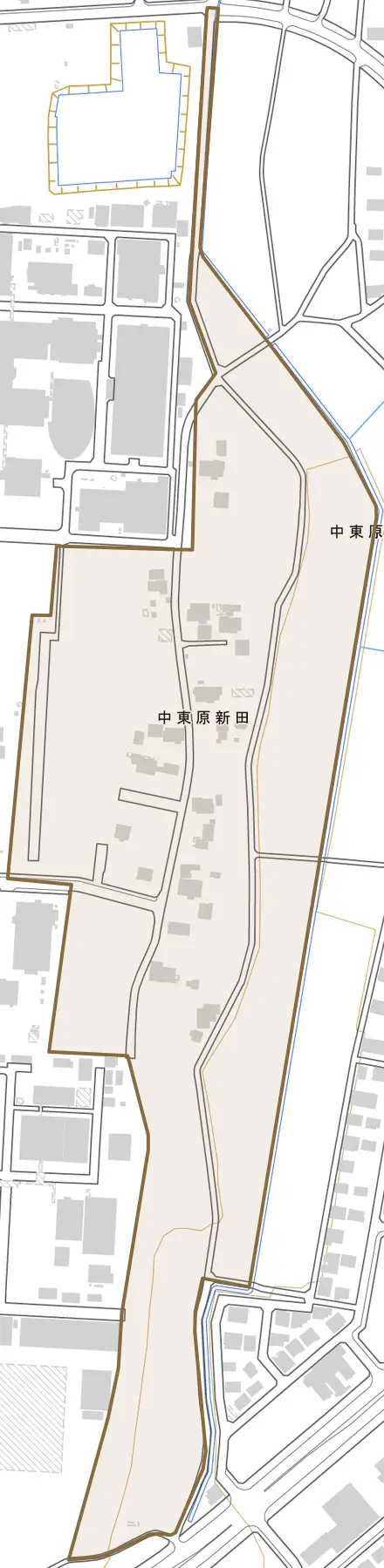 中東原新田とその周辺の地図。町の範囲を重ねている