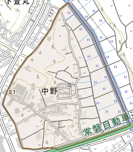 中野とその周辺の地図。町の範囲を重ねている