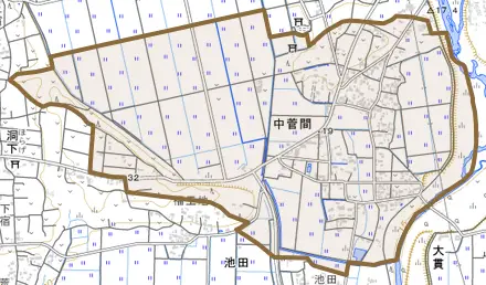 中菅間とその周辺の地図。町の範囲を重ねている