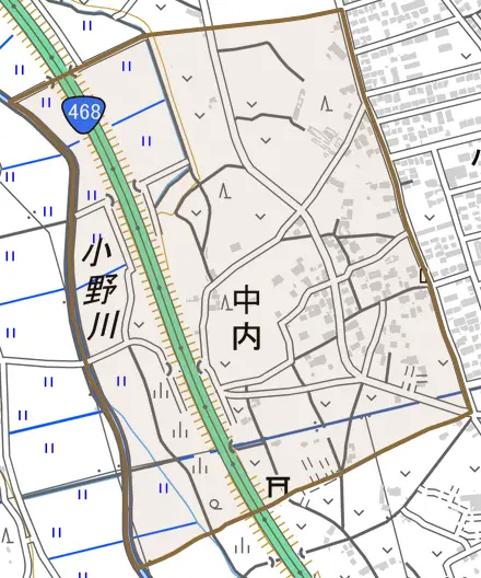 中内とその周辺の地図。町の範囲を重ねている