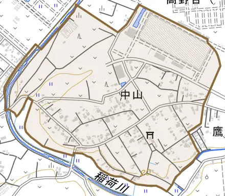 中山とその周辺の地図。町の範囲を重ねている
