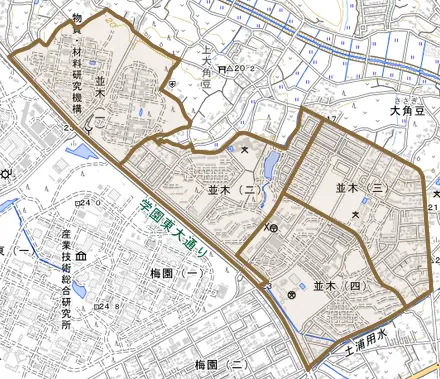 並木とその周辺の地図。町の範囲を重ねている