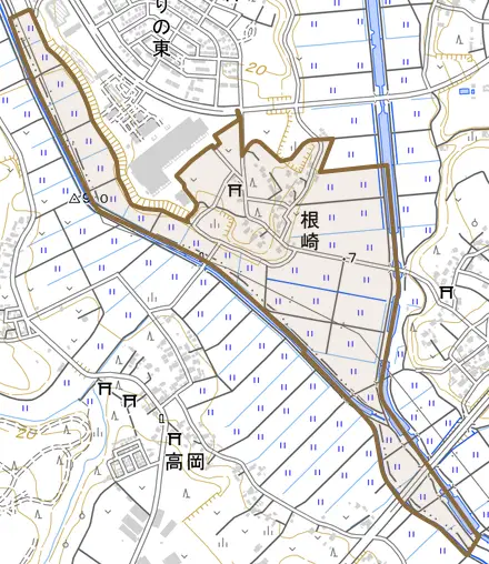 根崎とその周辺の地図。町の範囲を重ねている