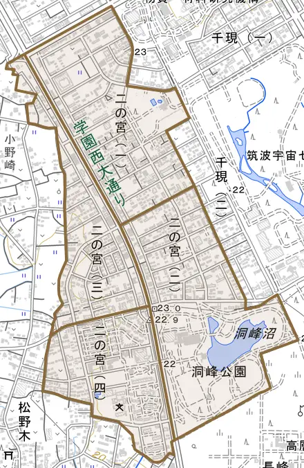 二の宮とその周辺の地図。町の範囲を重ねている