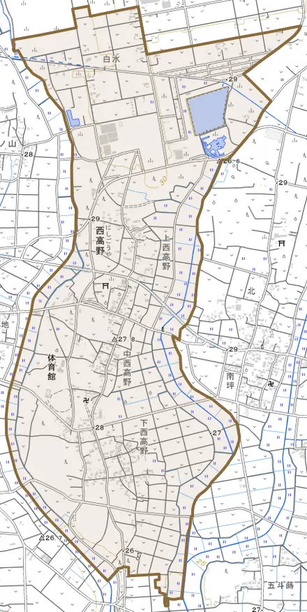 西高野とその周辺の地図。町の範囲を重ねている
