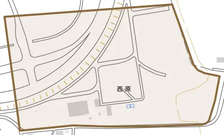 西原とその周辺の地図。町の範囲を重ねている