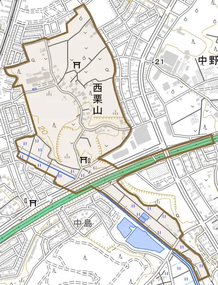 西栗山とその周辺の地図。町の範囲を重ねている
