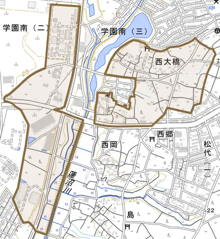 西大橋とその周辺の地図。町の範囲を重ねている