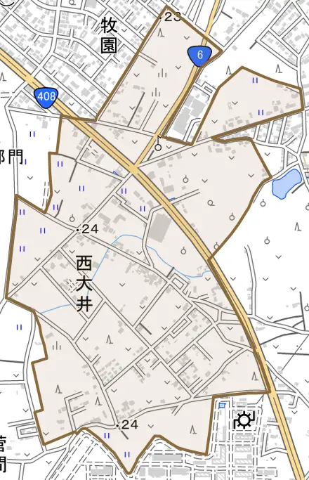 西大井とその周辺の地図。町の範囲を重ねている