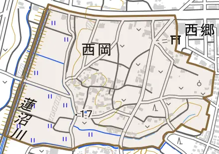 西岡とその周辺の地図。町の範囲を重ねている