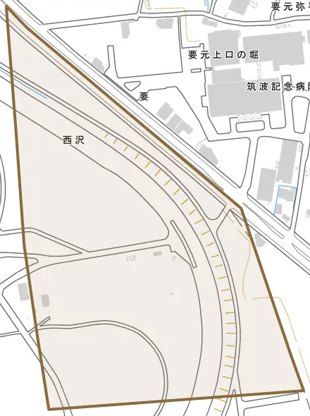 西沢とその周辺の地図。町の範囲を重ねている