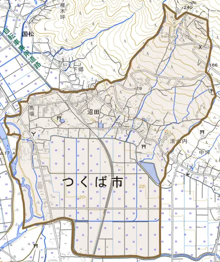 沼田とその周辺の地図。町の範囲を重ねている