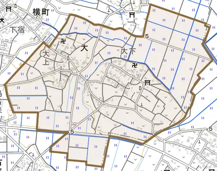 大とその周辺の地図。町の範囲を重ねている