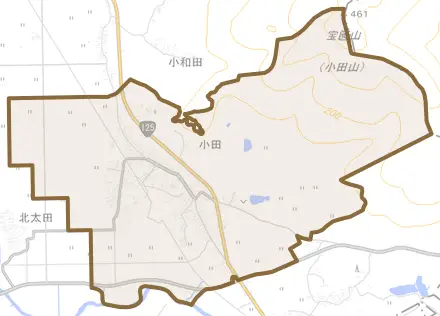 小田とその周辺の地図。町の範囲を重ねている