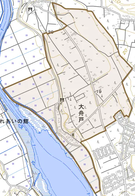 大舟戸とその周辺の地図。町の範囲を重ねている