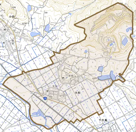 大形とその周辺の地図。町の範囲を重ねている