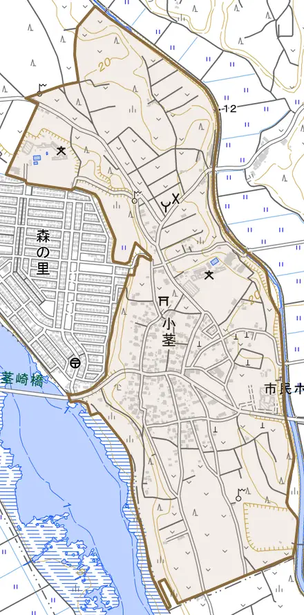 小茎とその周辺の地図。町の範囲を重ねている