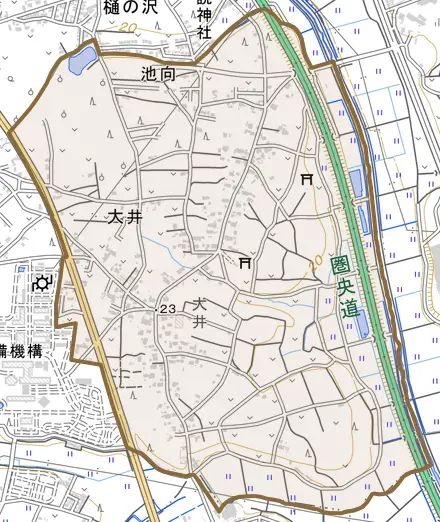 大井とその周辺の地図。町の範囲を重ねている