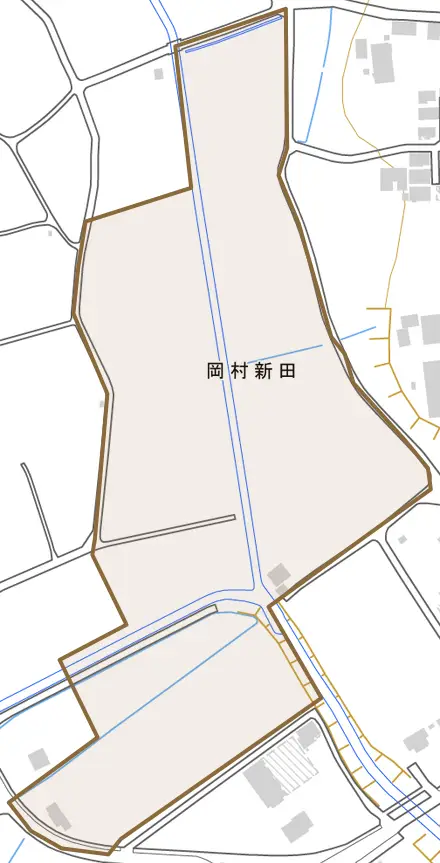 岡村新田とその周辺の地図。町の範囲を重ねている