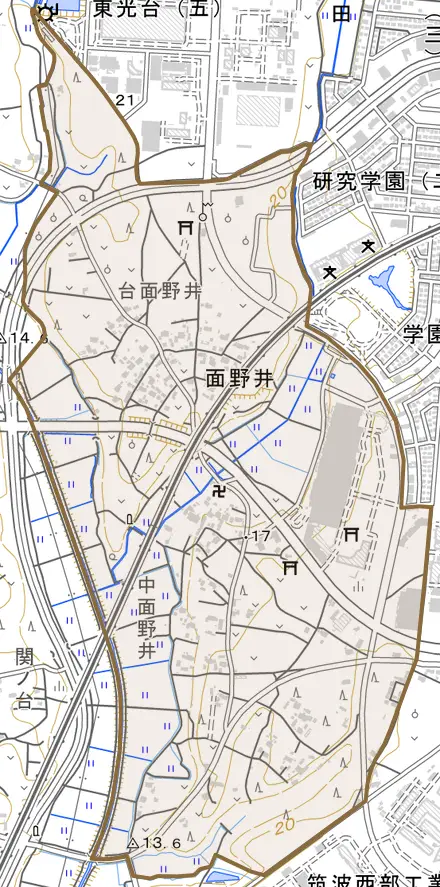 面野井とその周辺の地図。町の範囲を重ねている