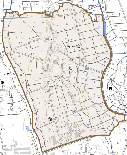 鬼ケ窪とその周辺の地図。町の範囲を重ねている