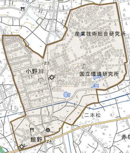 小野川とその周辺の地図。町の範囲を重ねている