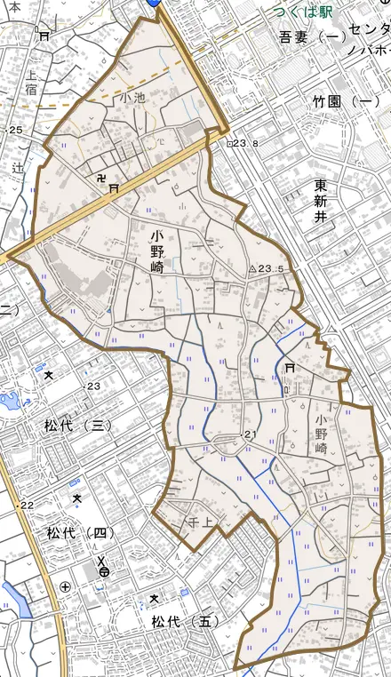 小野崎とその周辺の地図。町の範囲を重ねている