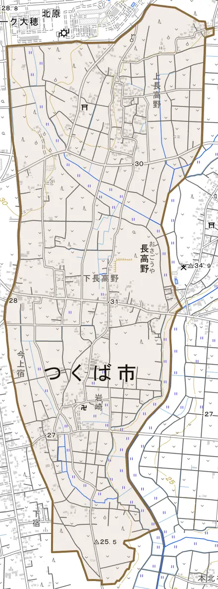 長高野とその周辺の地図。町の範囲を重ねている
