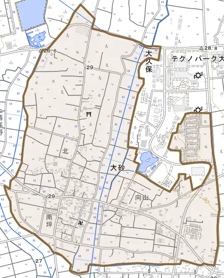 大砂とその周辺の地図。町の範囲を重ねている