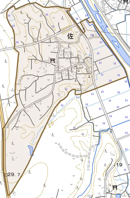 佐とその周辺の地図。町の範囲を重ねている