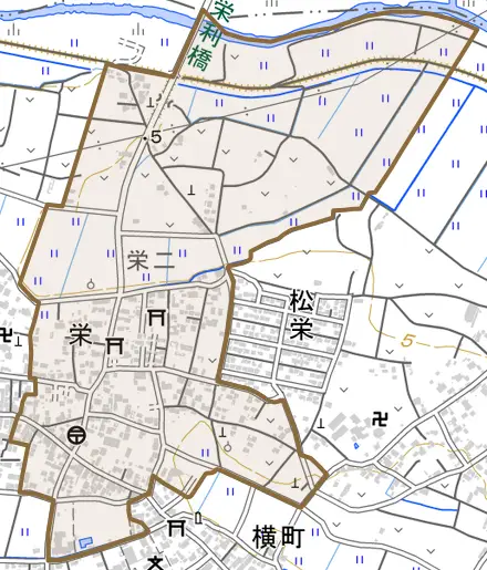 栄とその周辺の地図。町の範囲を重ねている