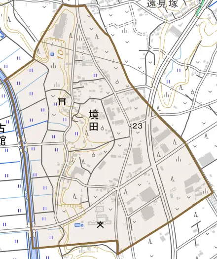 境田とその周辺の地図。町の範囲を重ねている