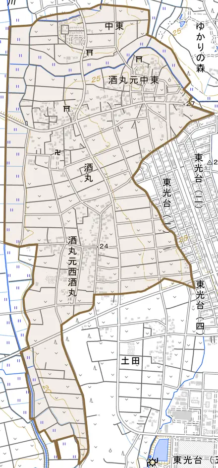 酒丸とその周辺の地図。町の範囲を重ねている