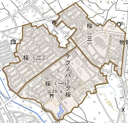 桜とその周辺の地図。町の範囲を重ねている