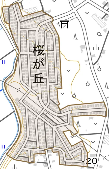 桜が丘とその周辺の地図。町の範囲を重ねている