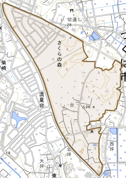 さくらの森とその周辺の地図。町の範囲を重ねている