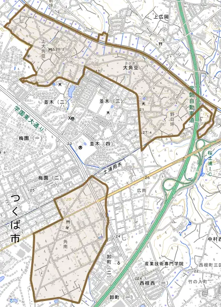 大角豆とその周辺の地図。町の範囲を重ねている