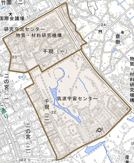 千現とその周辺の地図。町の範囲を重ねている