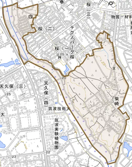 柴崎とその周辺の地図。町の範囲を重ねている